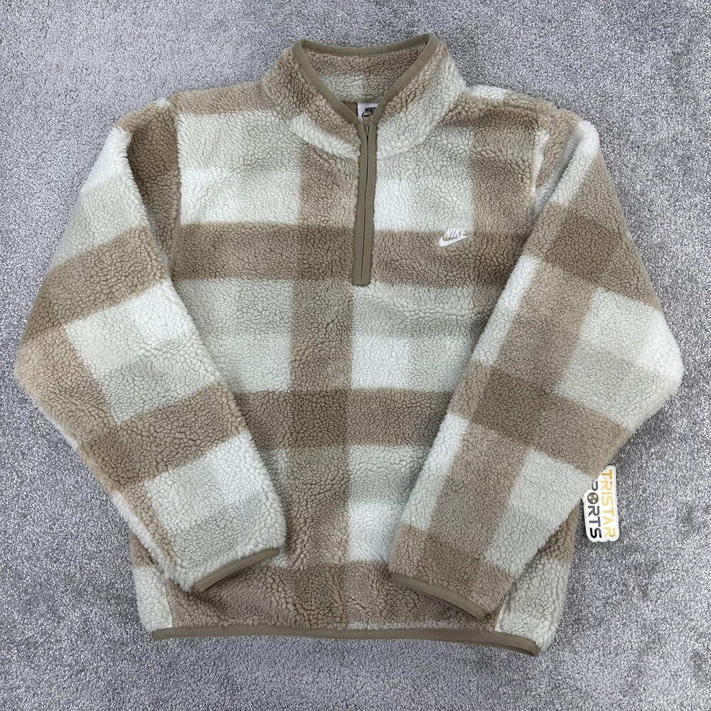 Nike Sherpa Fleece Pullover Mens Medium Tan Cream Plaid 1/4 Zip Warm FZ0896-247
